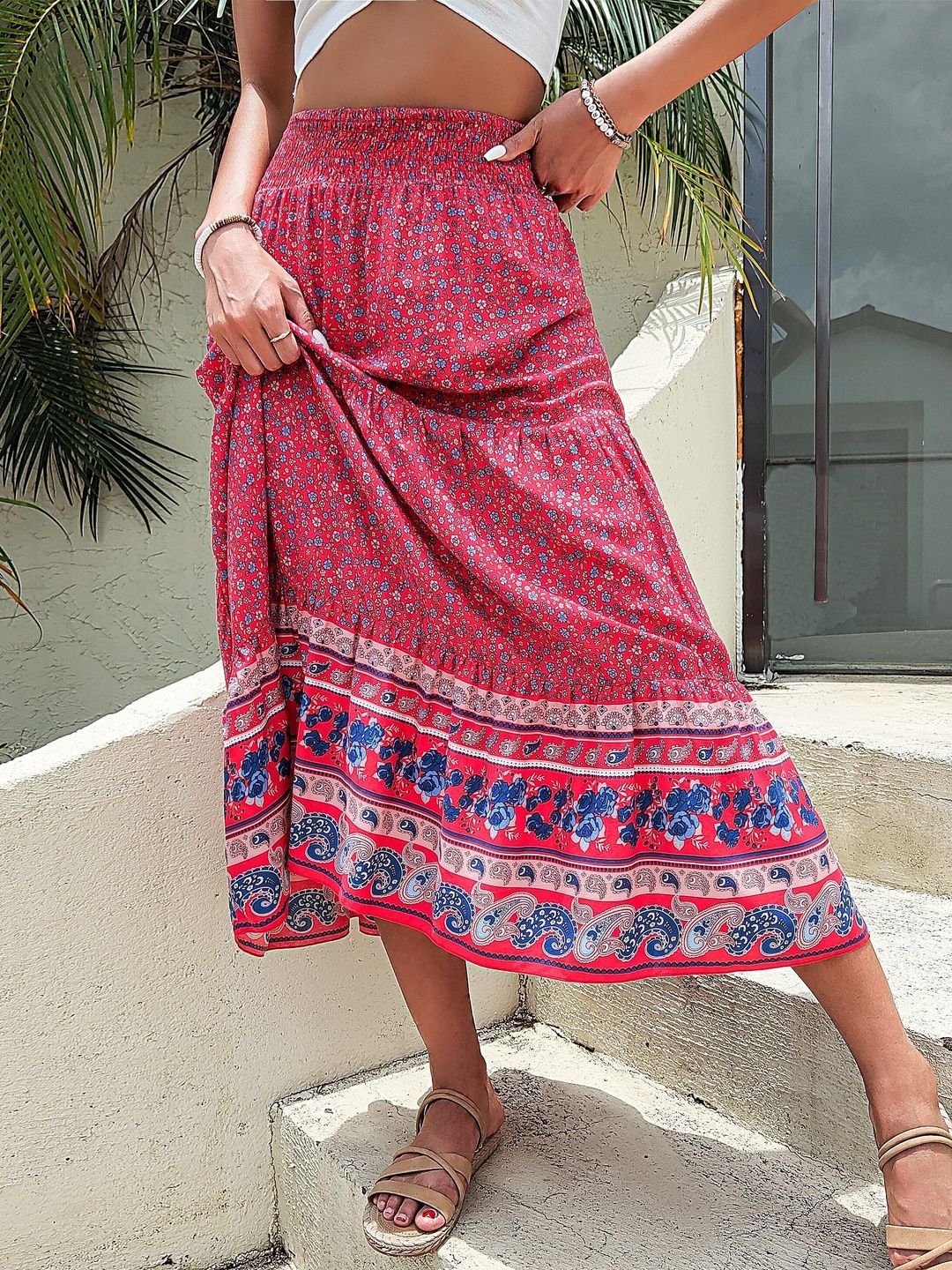 Printed Flared Mid Rise Maxi Skirts cotton - Nowi Korean Fashion