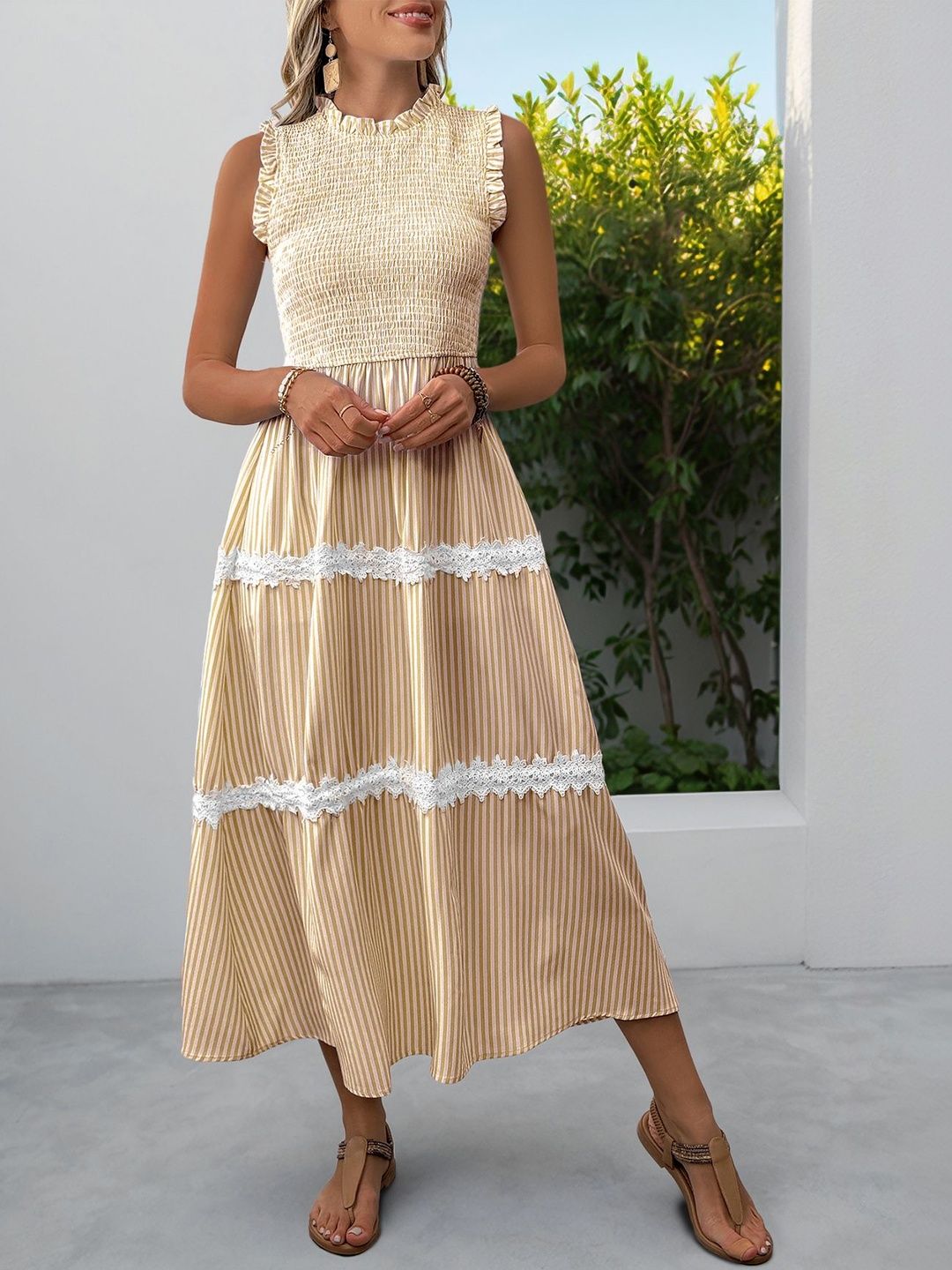 Striped A-Line Midi Dress in Yellow cotton - Nowi Korean Fashion
