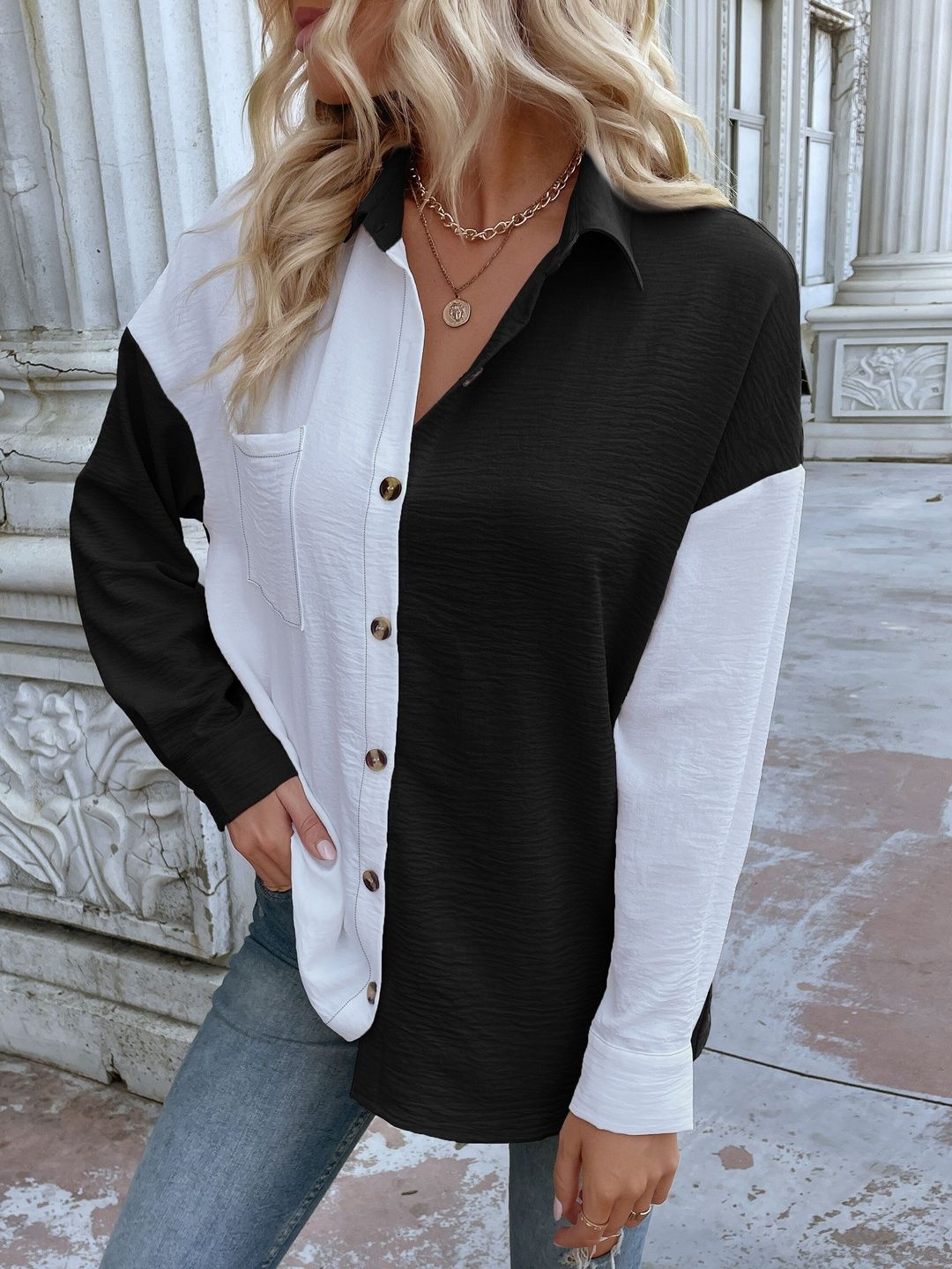 Colourblocked Casual Shirt in Black Cotton - Nowi Korean Fashion