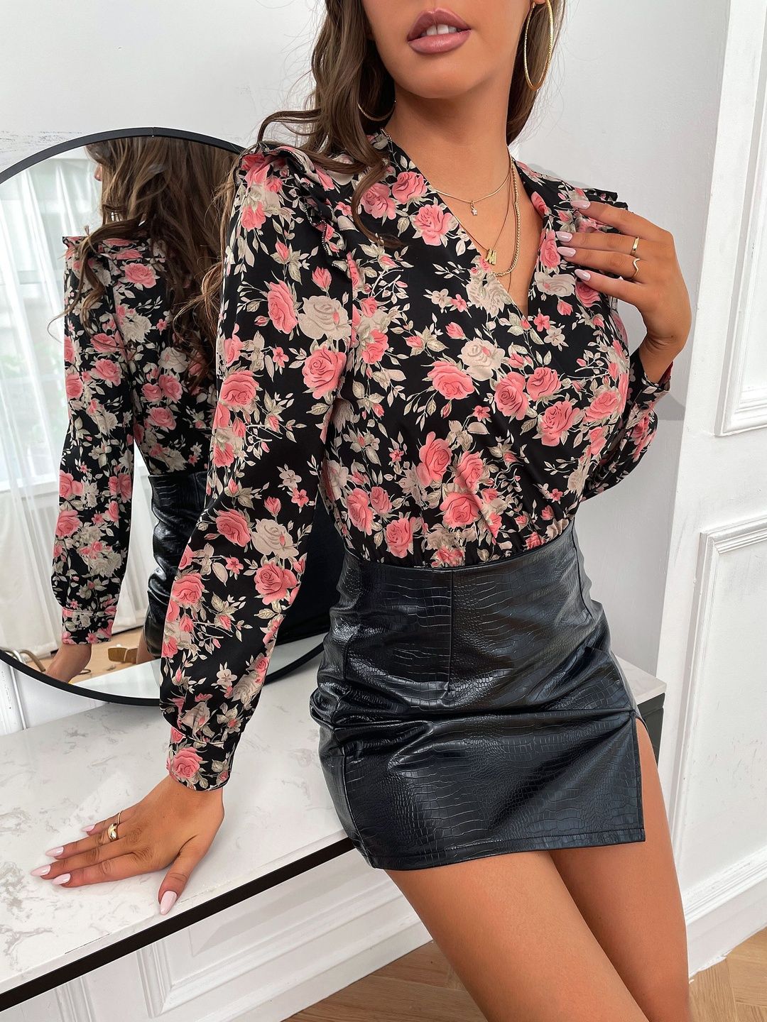 Printed Cotton V-Neck Bodysuit