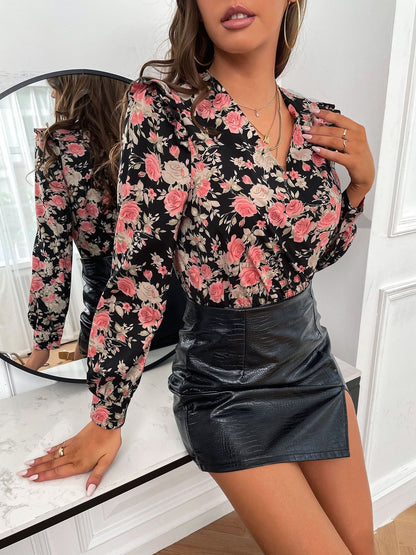 Printed Cotton V-Neck Bodysuit