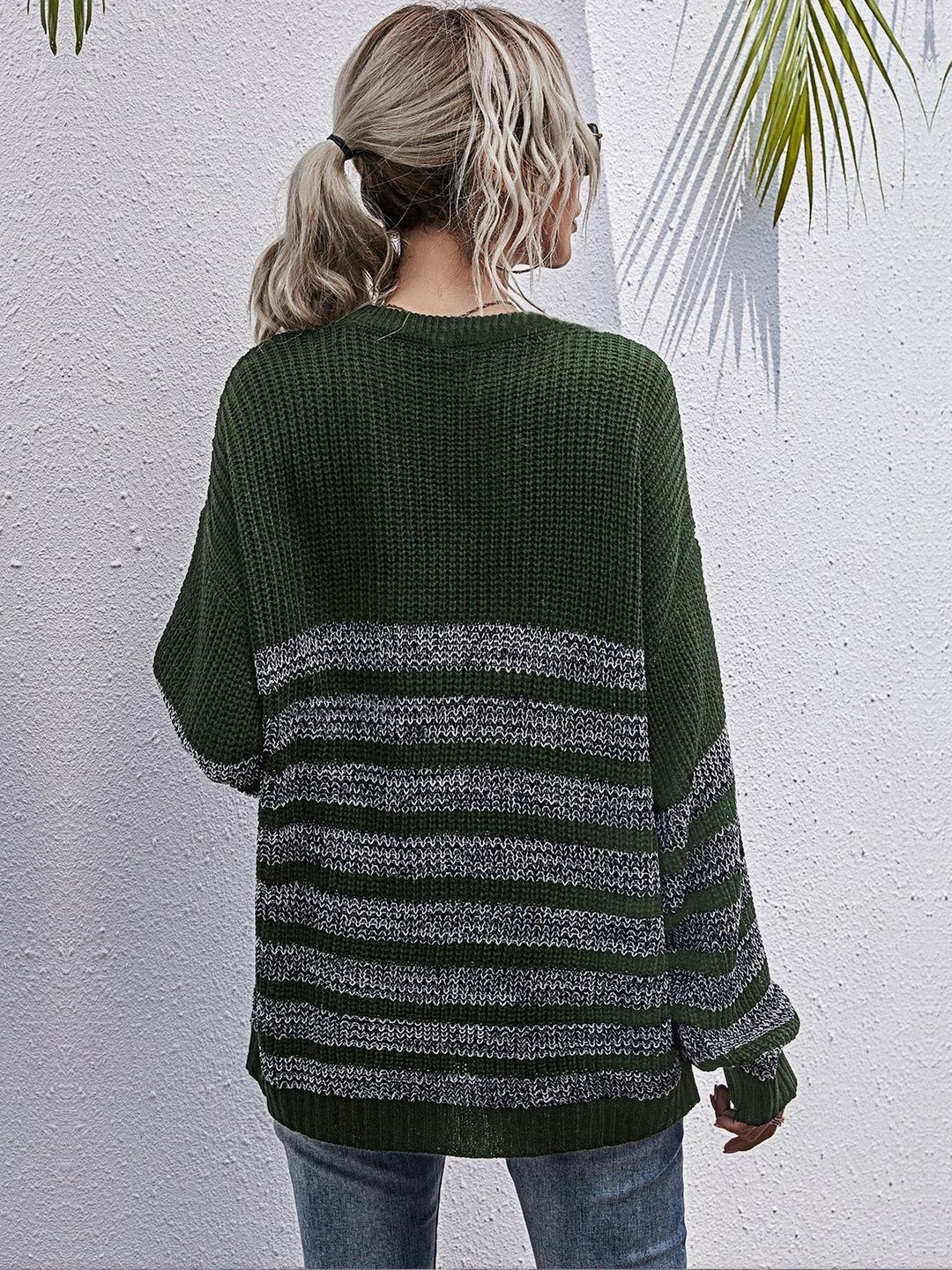Women's Green Striped Pullover Blend Regular Fit