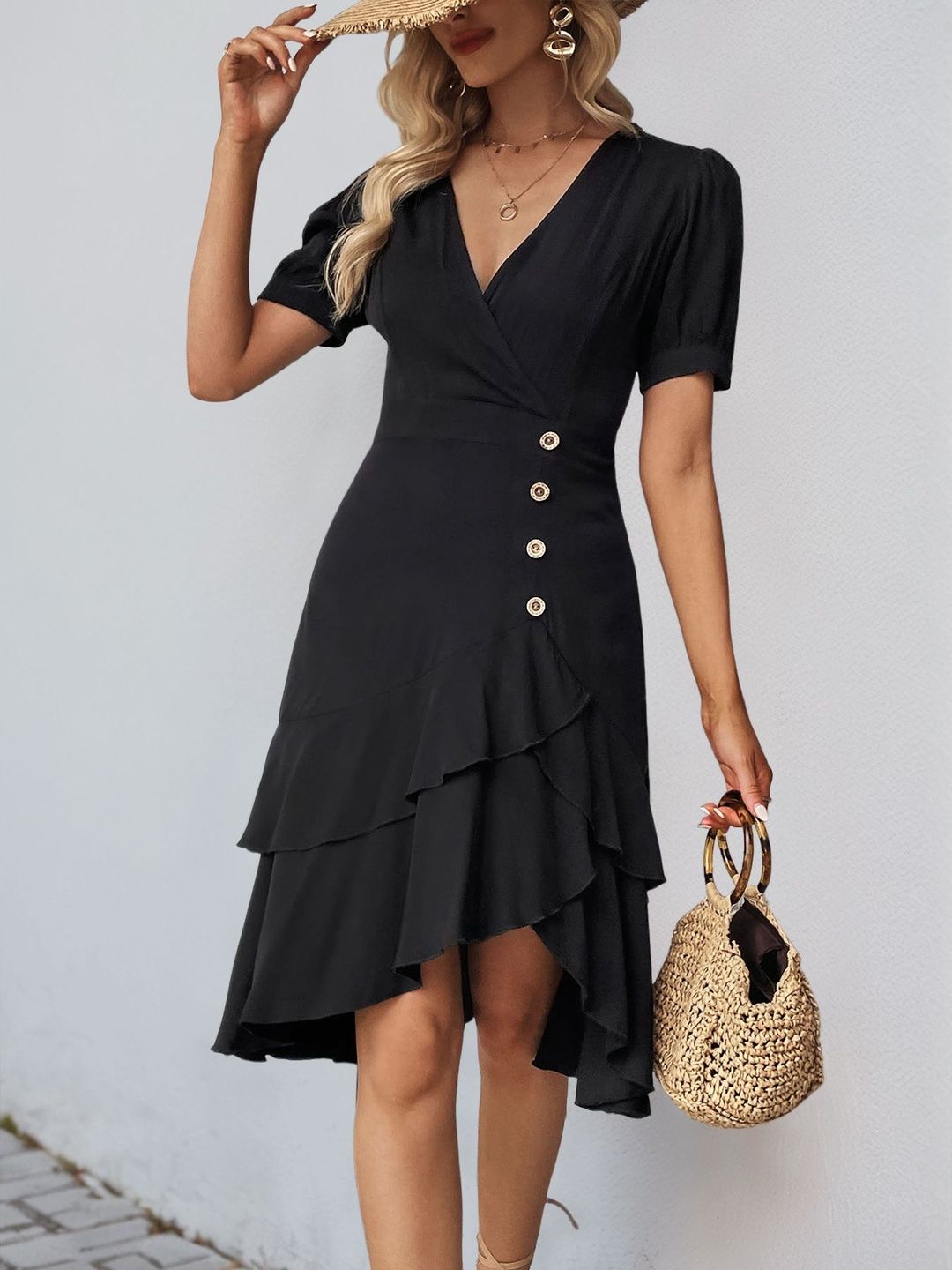 Puff Sleeve Ruffled Dress in Black polyester - Nowi Korean Fashion