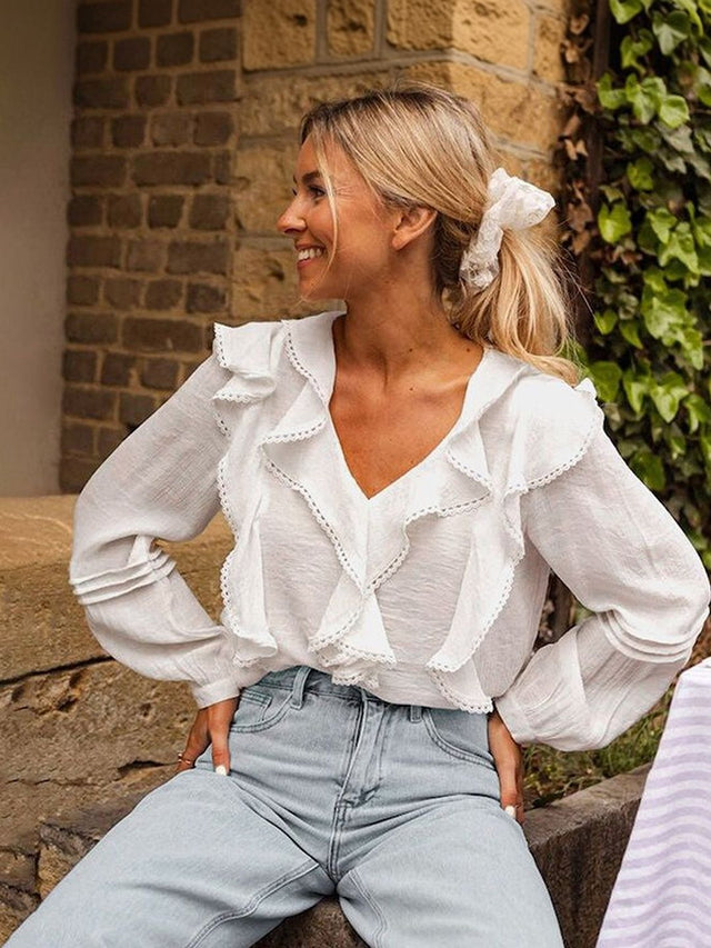 Ruffles Cotton Top in White - Nowi Korean Fashion