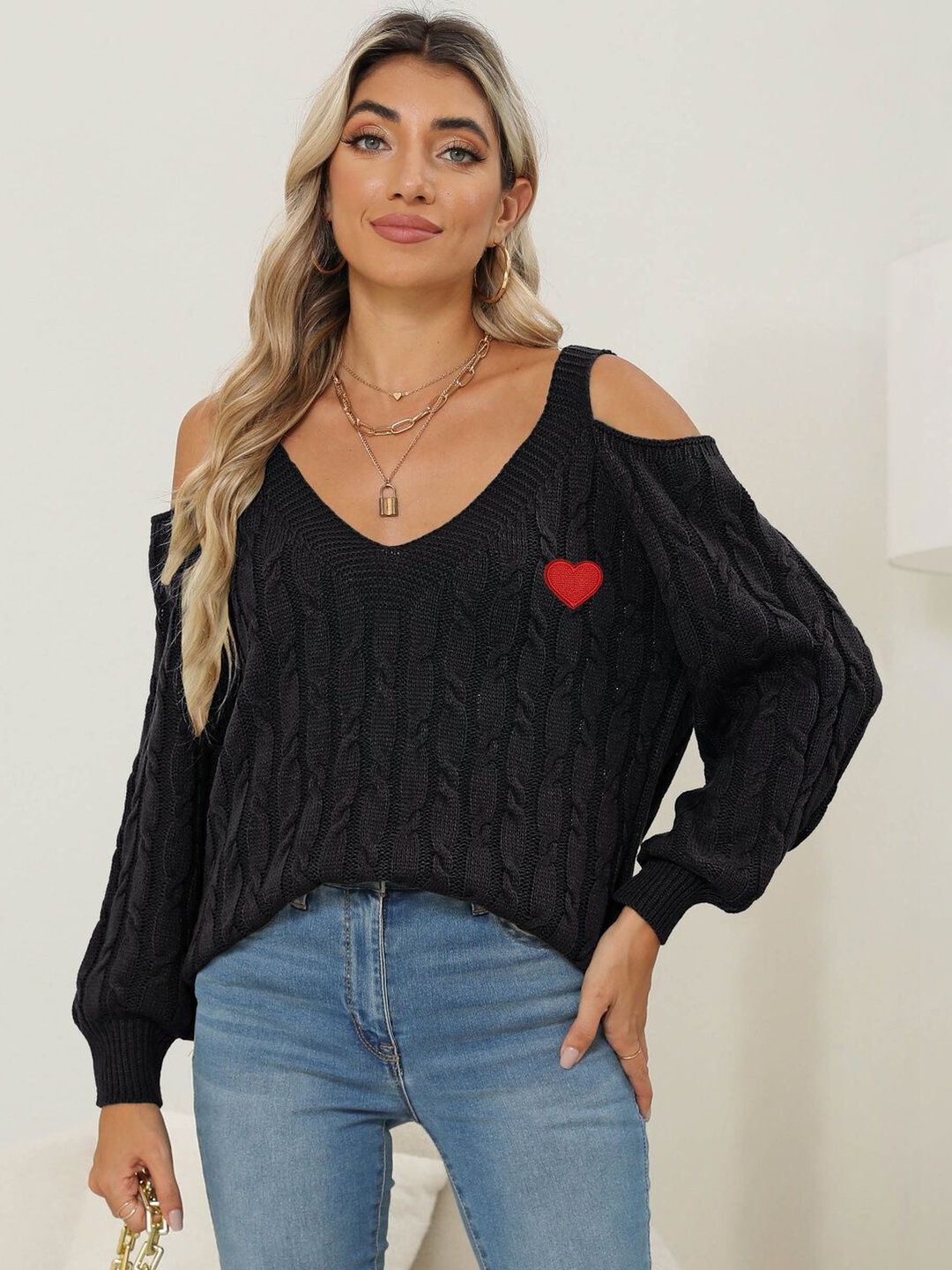 Cable Knit Pullover with Embroidered Detail in Black acrylic - Nowi Korean Fashion