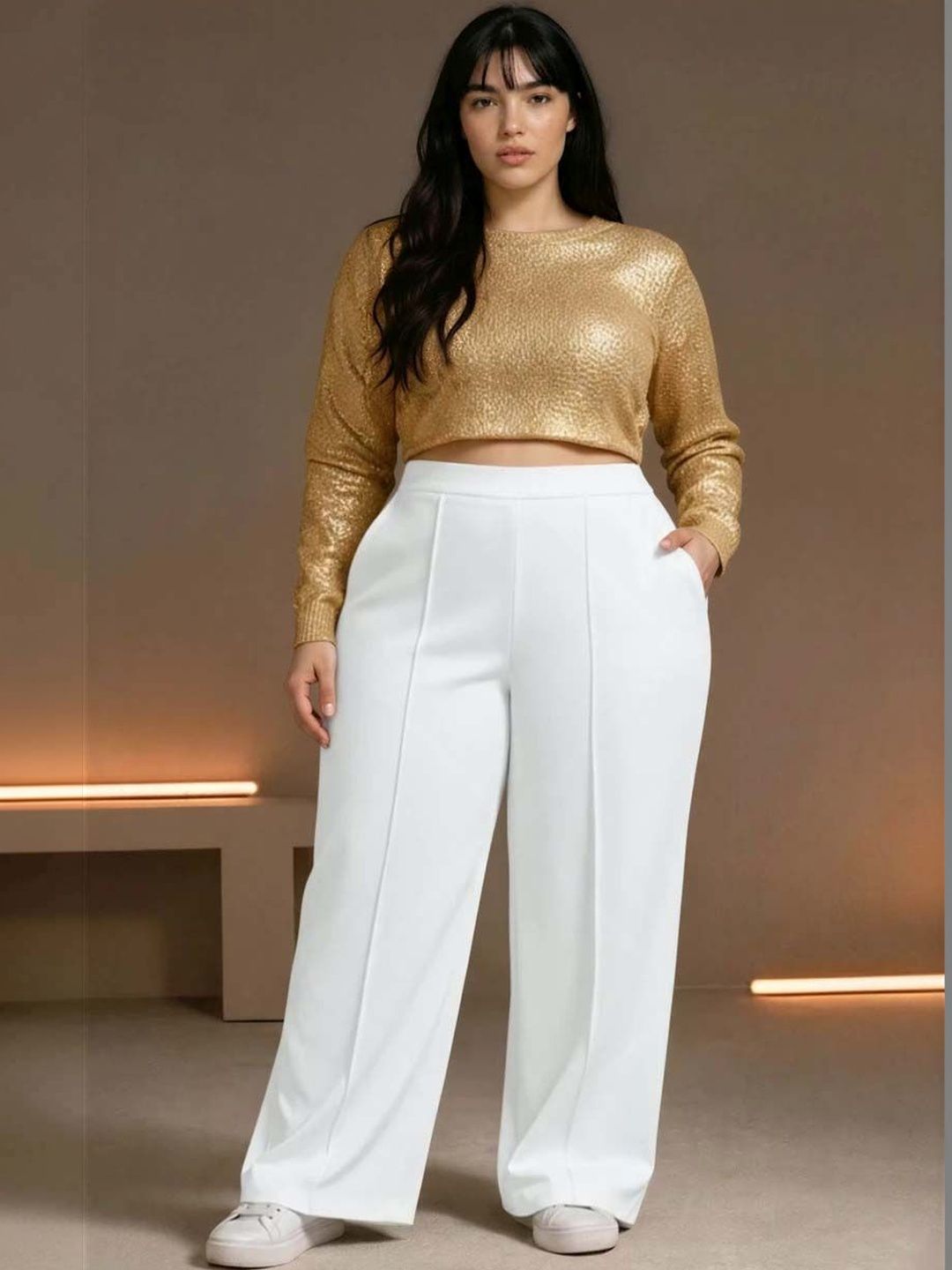 Wrinkle Free Trousers in White polyester Style 49 - Nowi Korean Fashion