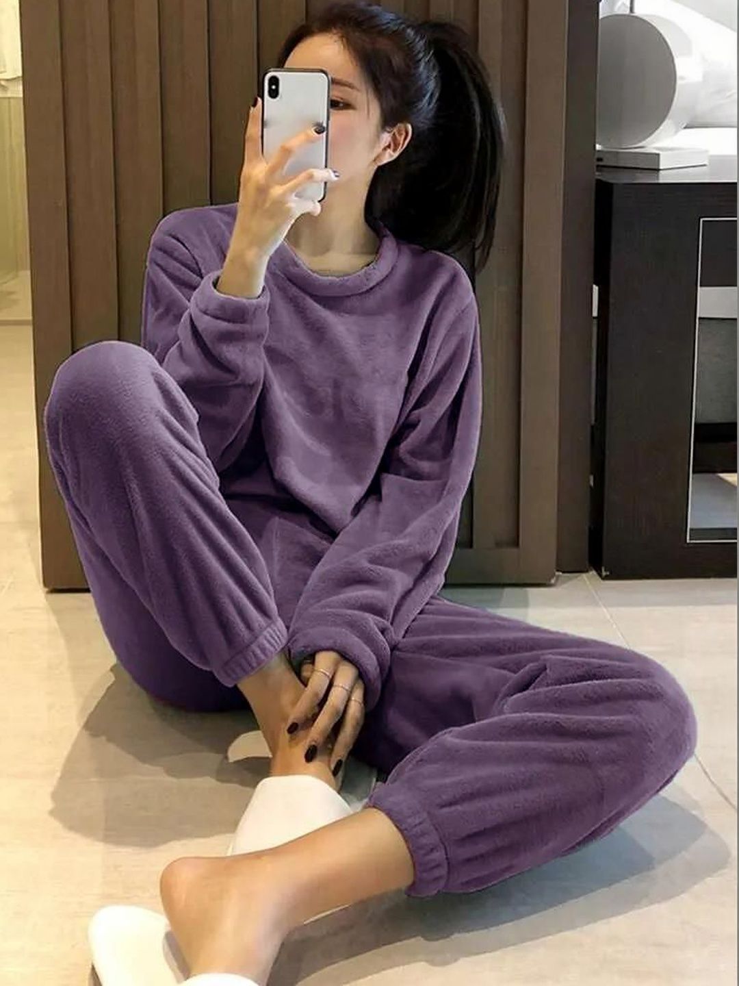Round Neck Night Suits in Purple - Nowi Korean Fashion