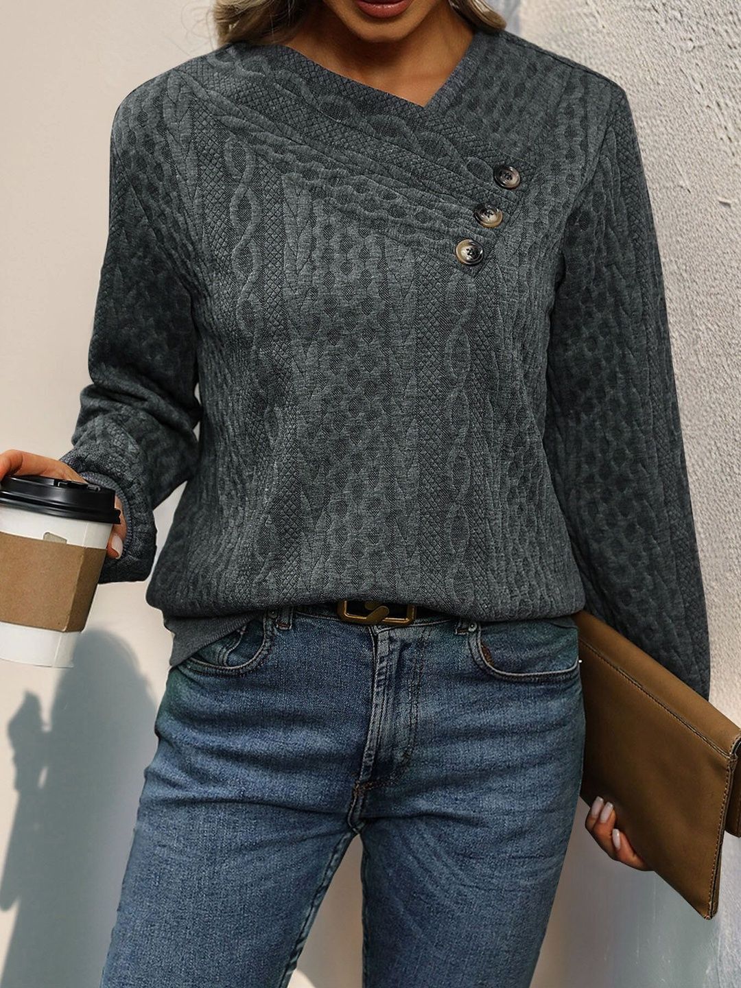 Sweatshirt in Grey Cotton V-Neck - Nowi Korean Fashion