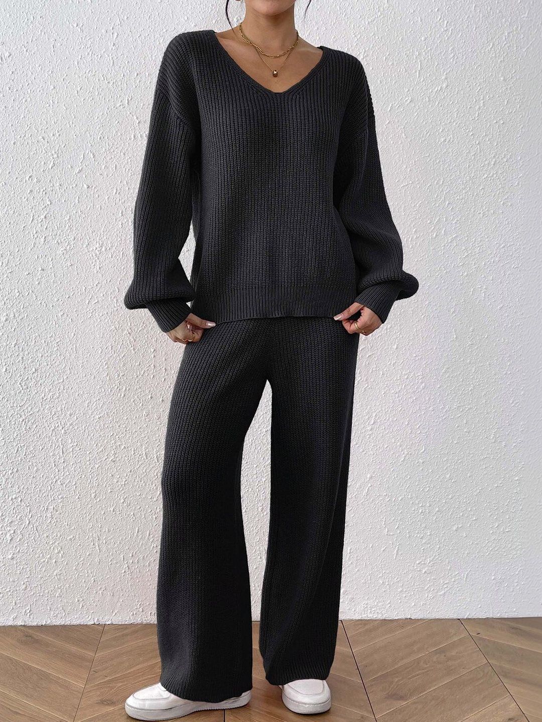 Black Knitted Sweater and Trousers Set