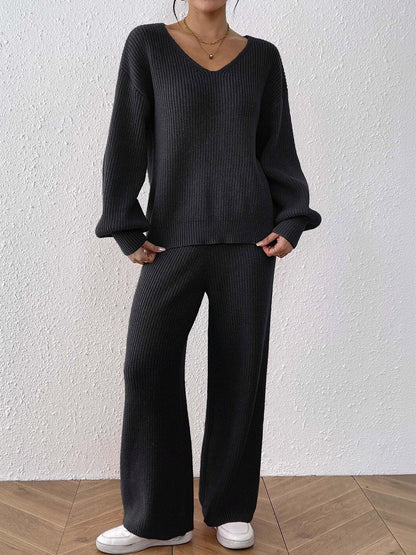 Black Knitted Sweater and Trousers Set
