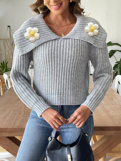 Women Ribbed Pullover with Applique Detail