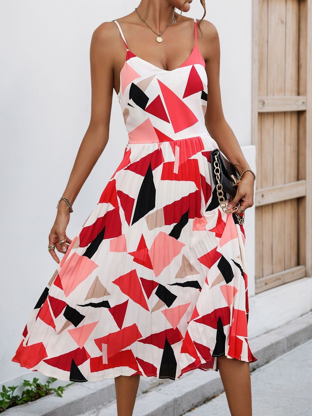 Print A-Line Midi Dress in White polyester Printed - Nowi Korean Fashion