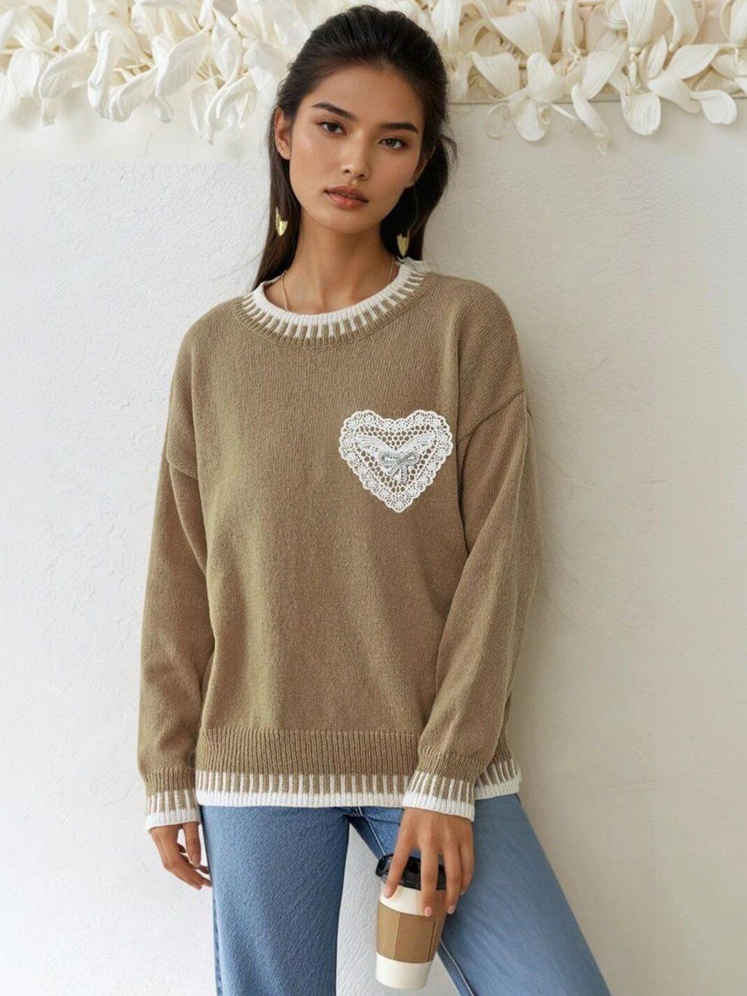 Pullover with Embroidered Detail in Brown cotton - Nowi Korean Fashion