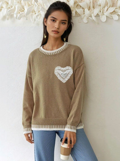 Pullover with Embroidered Detail in Brown cotton - Nowi Korean Fashion