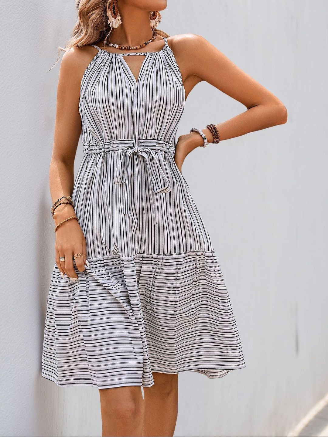 Striped Halter Neck Fit & Flare Dress