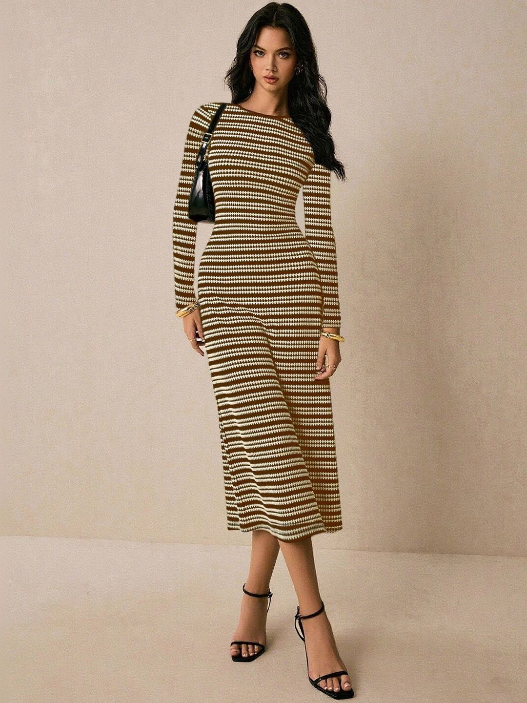 Striped Sheath Midi Dress in Brown other - Nowi Korean Fashion