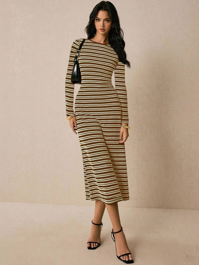 Striped Sheath Midi Dress in Brown other - Nowi Korean Fashion