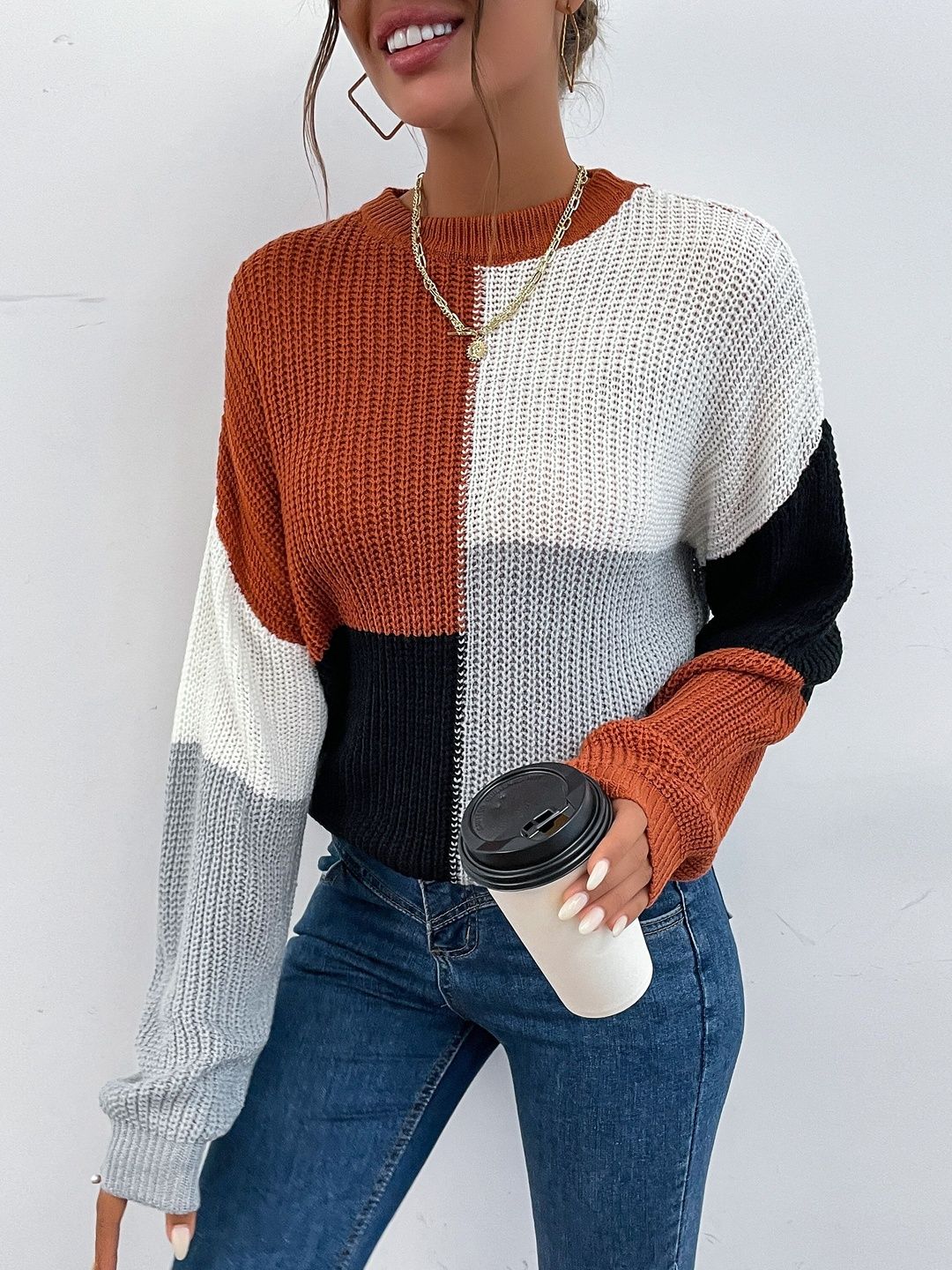 Women's Brown Colourblocked Pullover Blend Printed