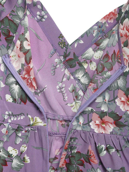 Women's Purple Floral Print Puff Sleeve Maxi Dress