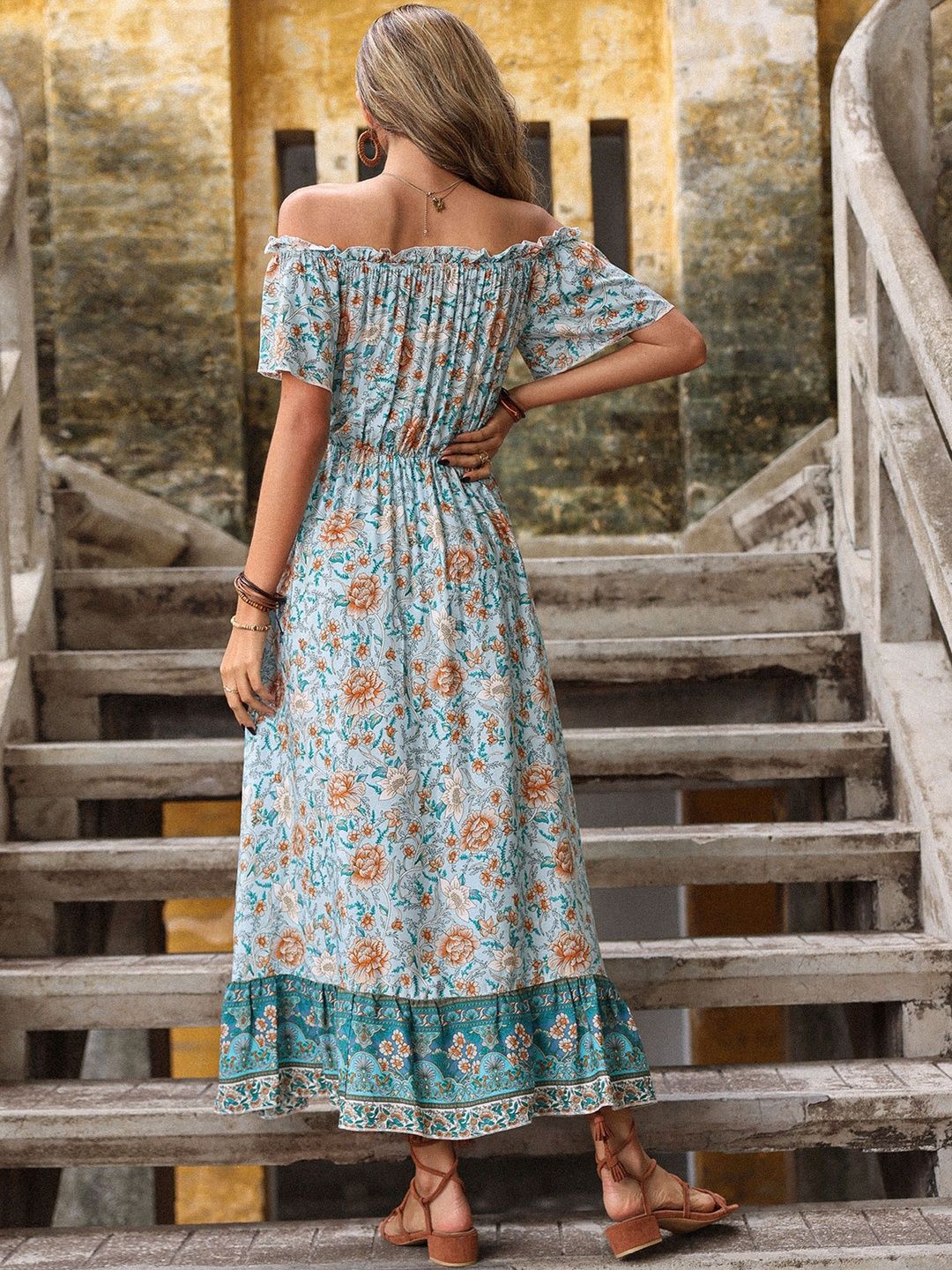 Floral Print Off-Shoulder Flared Sleeve A-Line Midi Dress