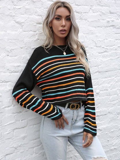 Women's Black Rainbow Striped Crop Pullover