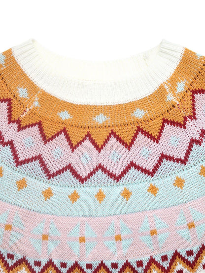 Women's White Fair Isle Printed Pullover Blend Regular Fit