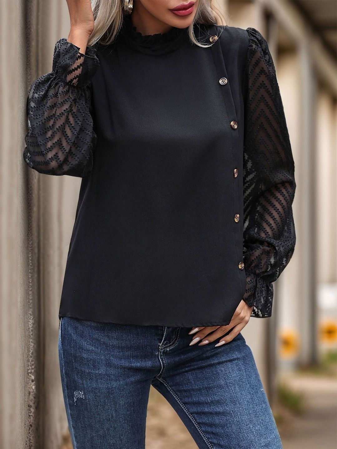 Women's Black Ruffles Top
