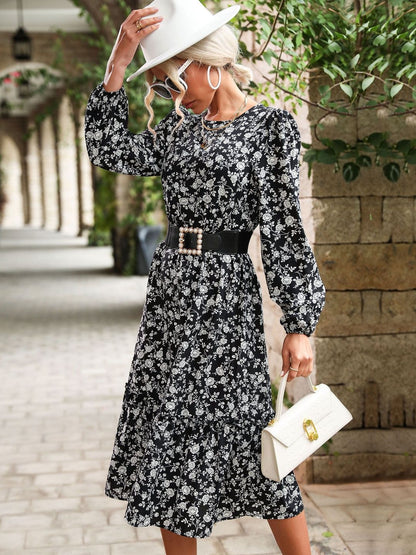 Women's Black Floral Print A-Line Midi Dress Blend