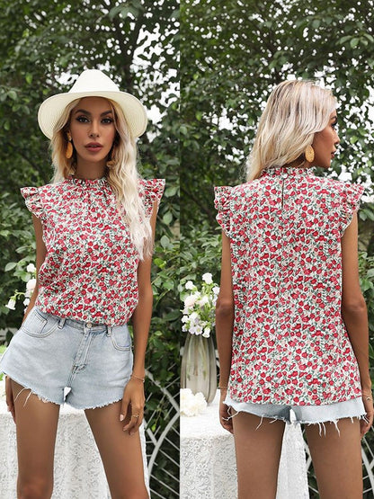 Floral Print Flutter Sleeve Ruffles Cotton Top