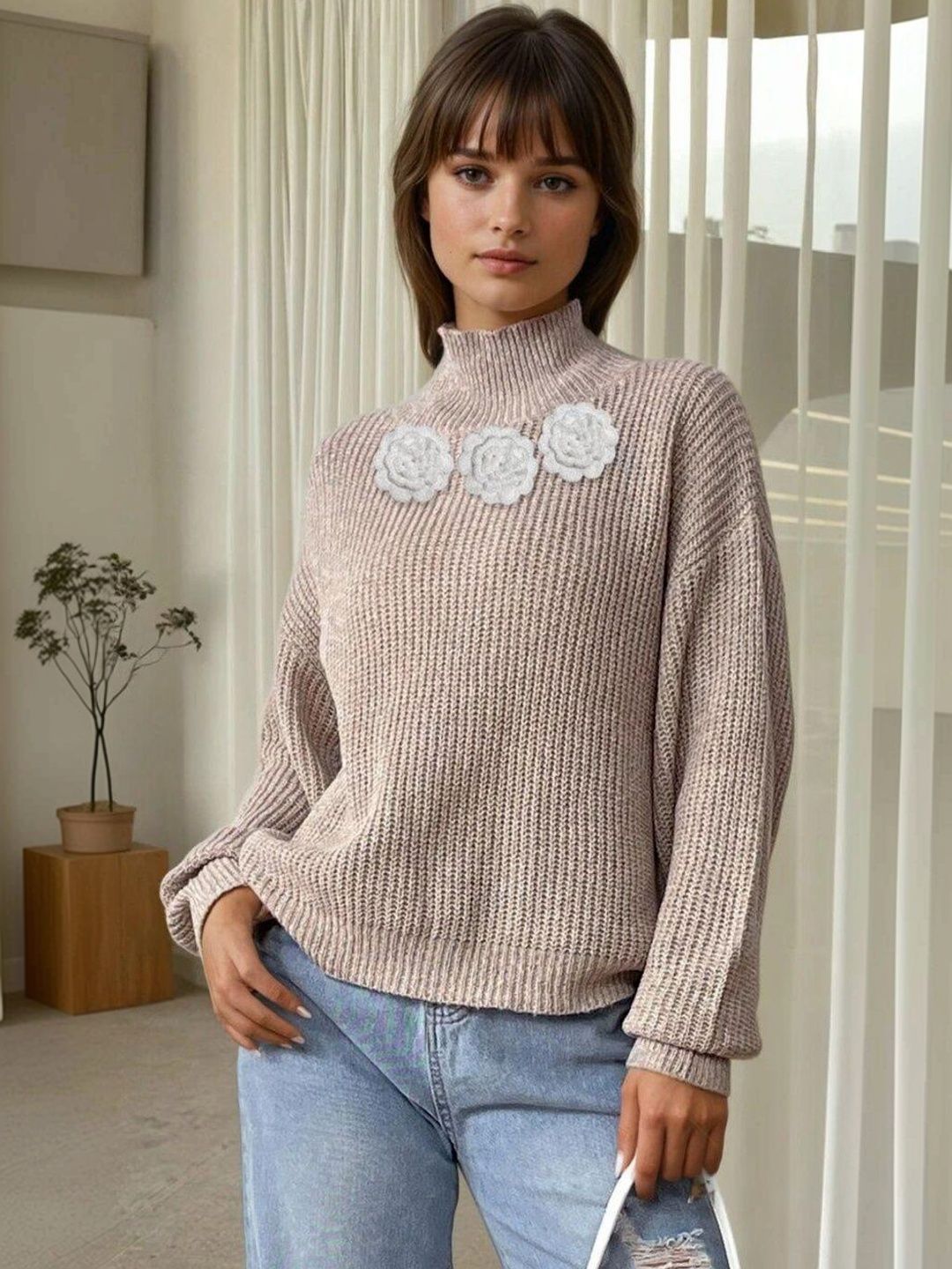 Ribbed Pullover with Applique Detail in Beige acrylic - Nowi Korean Fashion