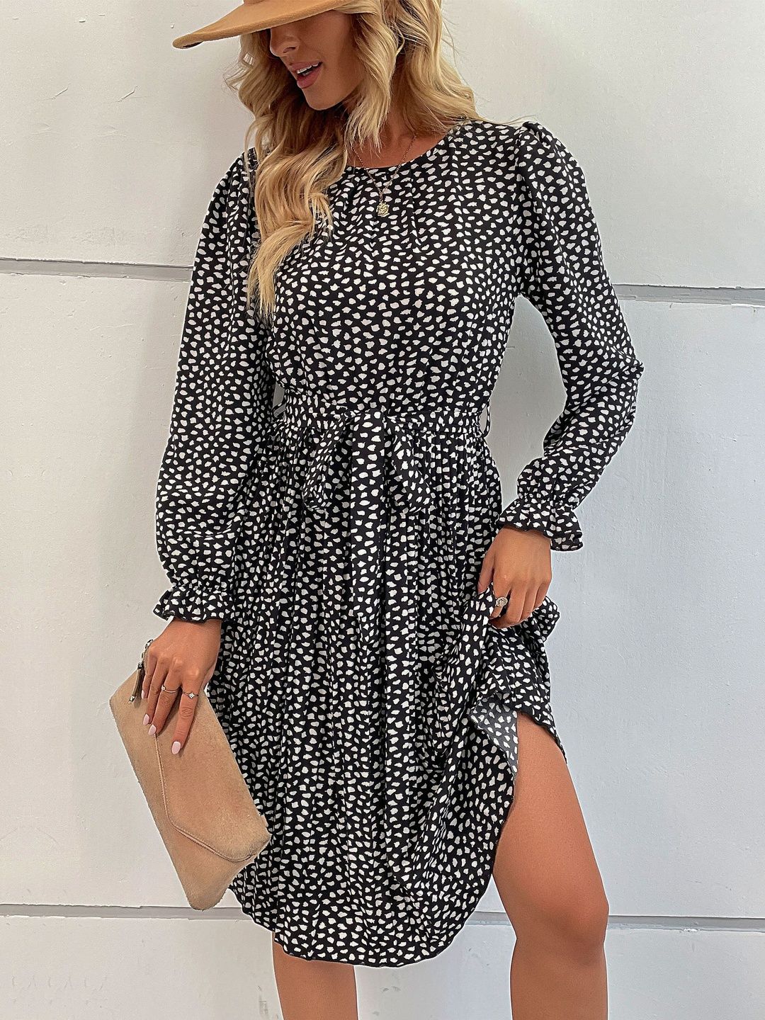 Women's Black Print Fit & Flare Midi Dress Blend Printed