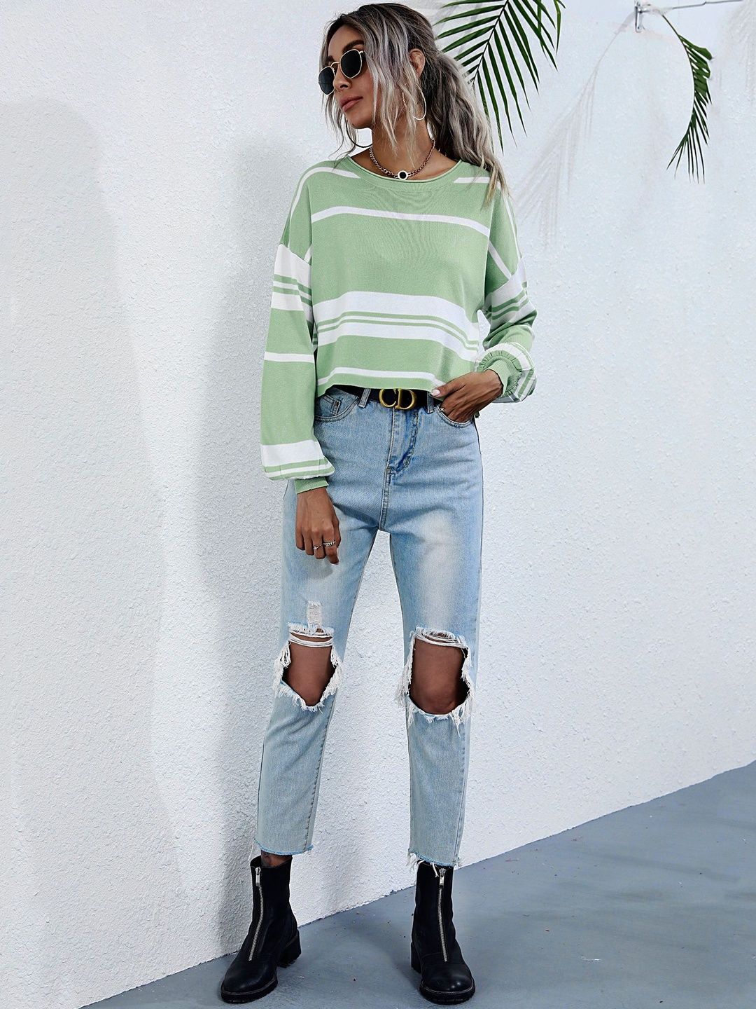 Women's Green Striped Crop Pullover