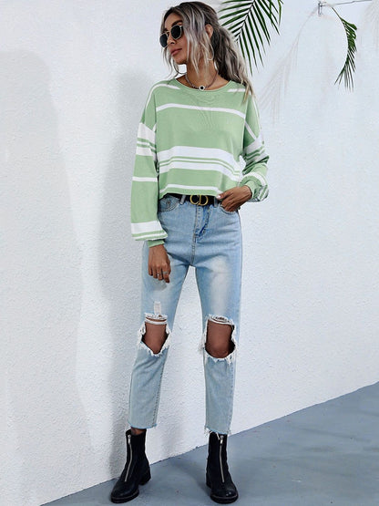 Women's Green Striped Crop Pullover