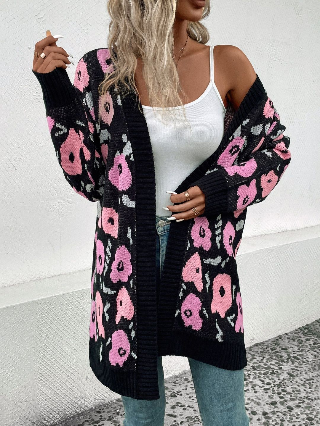 Women's Black Floral Printed Cardigan Blend Regular Fit