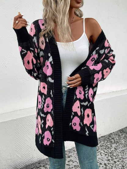 Women's Black Floral Printed Cardigan Blend Regular Fit