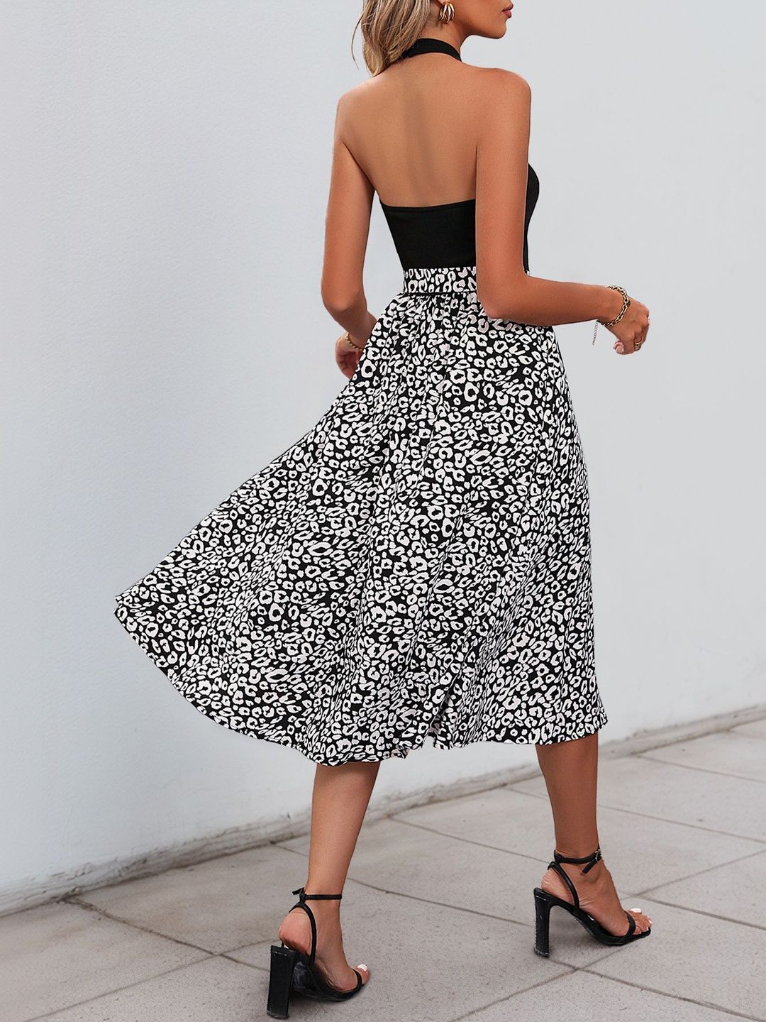 Animal Print Halter Neck Fit & Flare Midi Dress