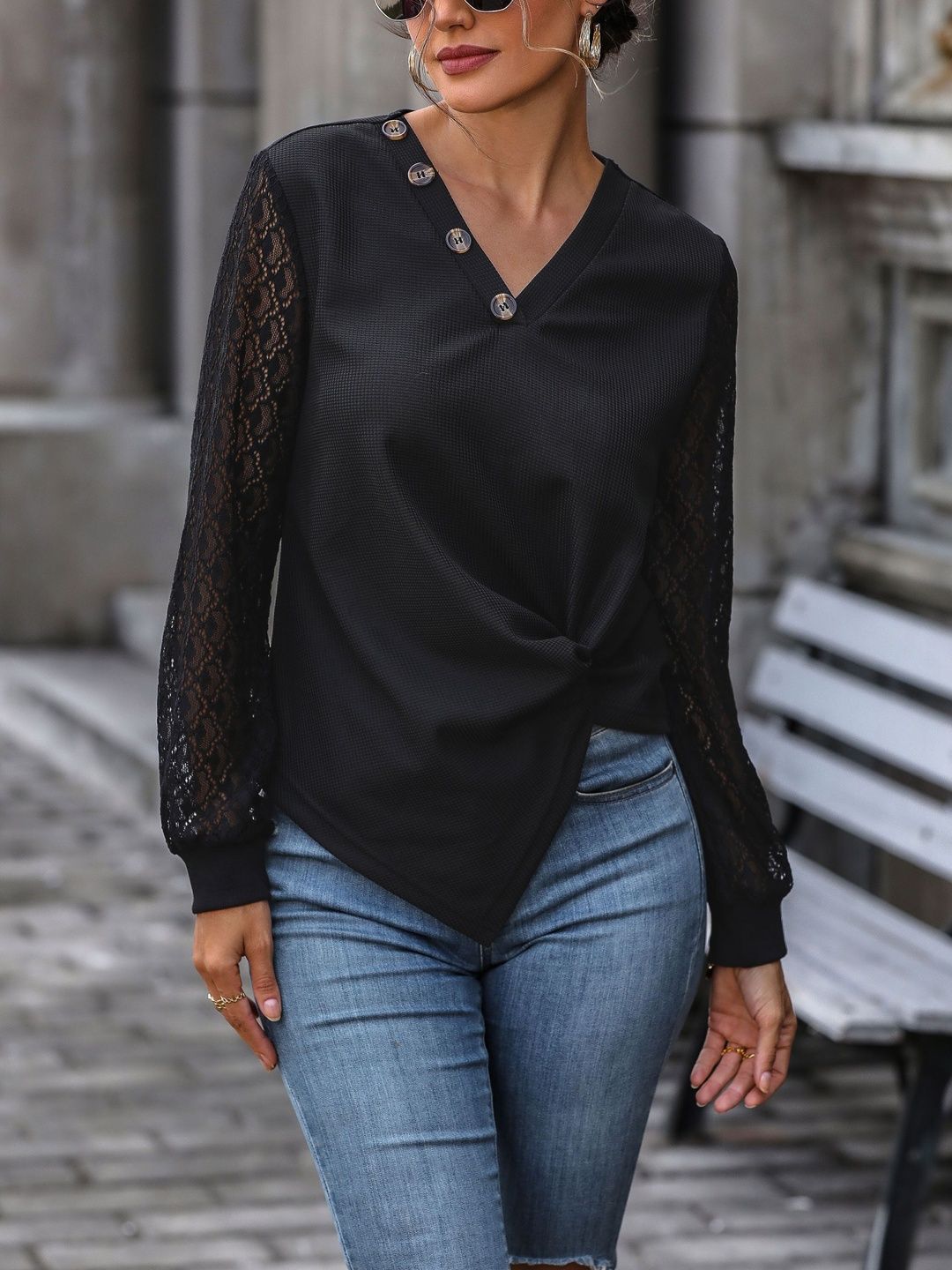 Women's Black Embellished Cotton Top