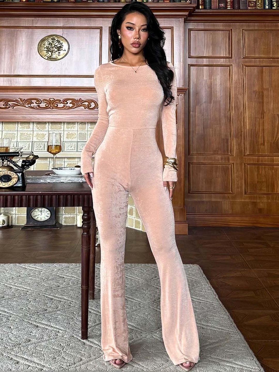 Basic Jumpsuit in Pink polyester - Nowi Korean Fashion