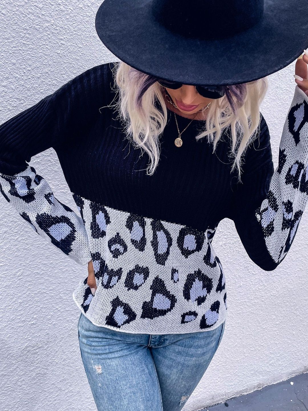 Women's Black Animal Colourblocked Pullover Blend