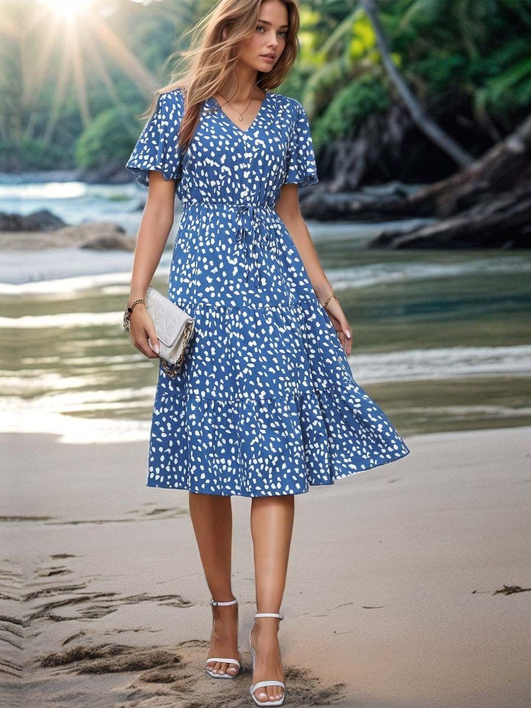 NOWI Print Flutter Sleeve Fit & Flare Midi Dress