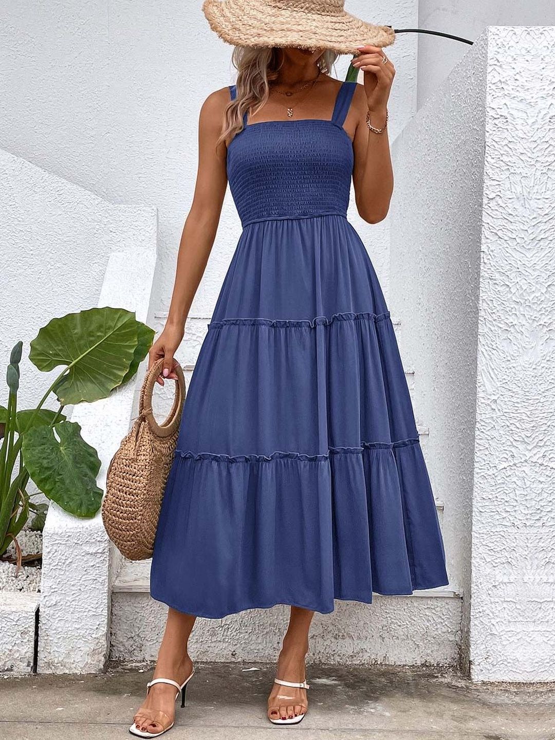 Women's Blue A-Line Midi Dress Blend Printed