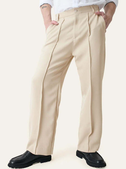 Men Pleated Trousers in beige color with relaxed fit, stylish korean pants for men.