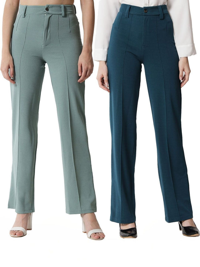 Pack Of 2 High-Rise Regular Fit Formal Trousers in Blue rayon - Nowi Korean Fashion