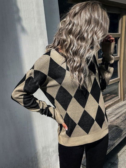 Women's Black Argyle Colourblocked Pullover