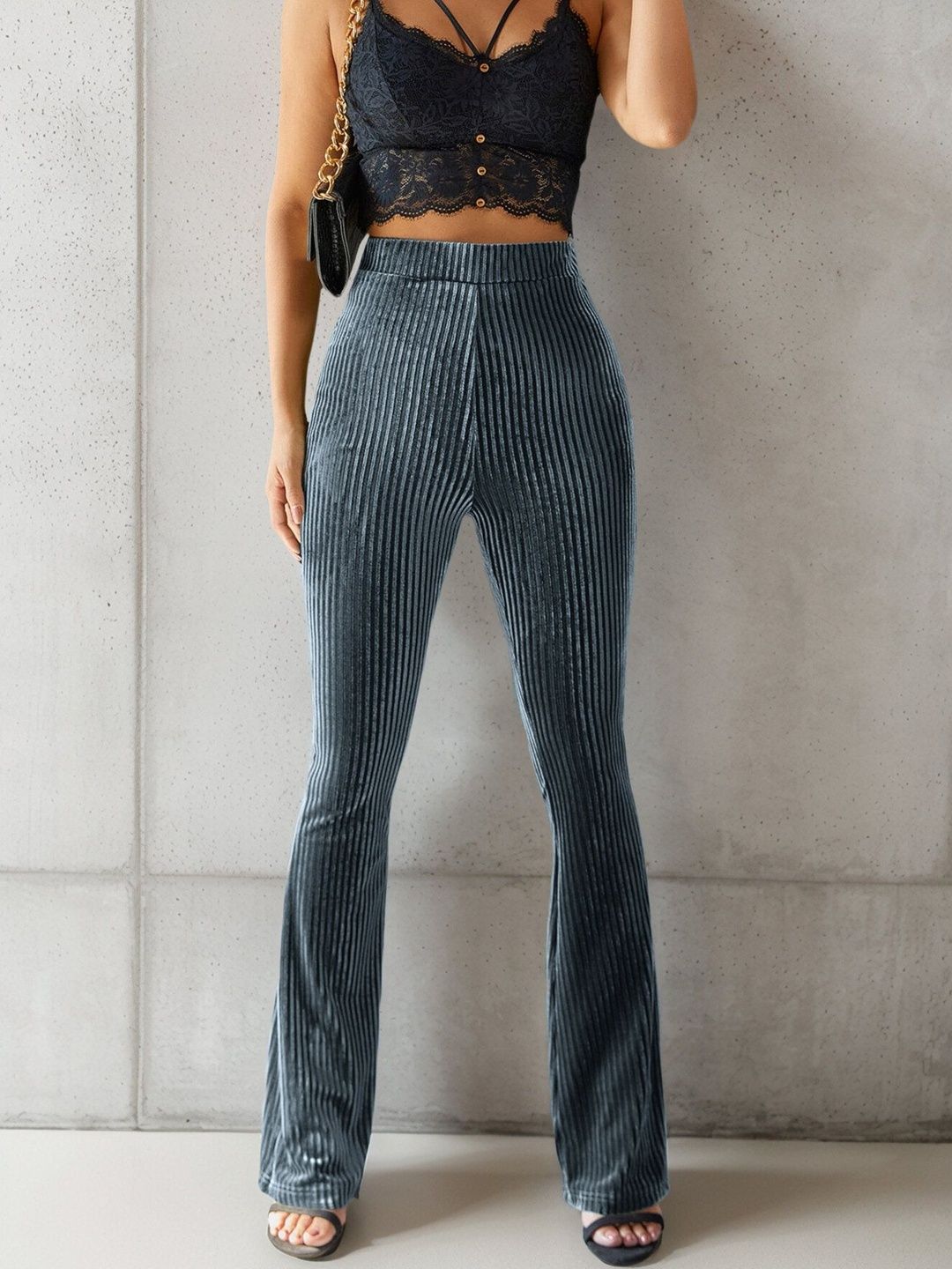 Women Textured Flared High-Rise Trousers