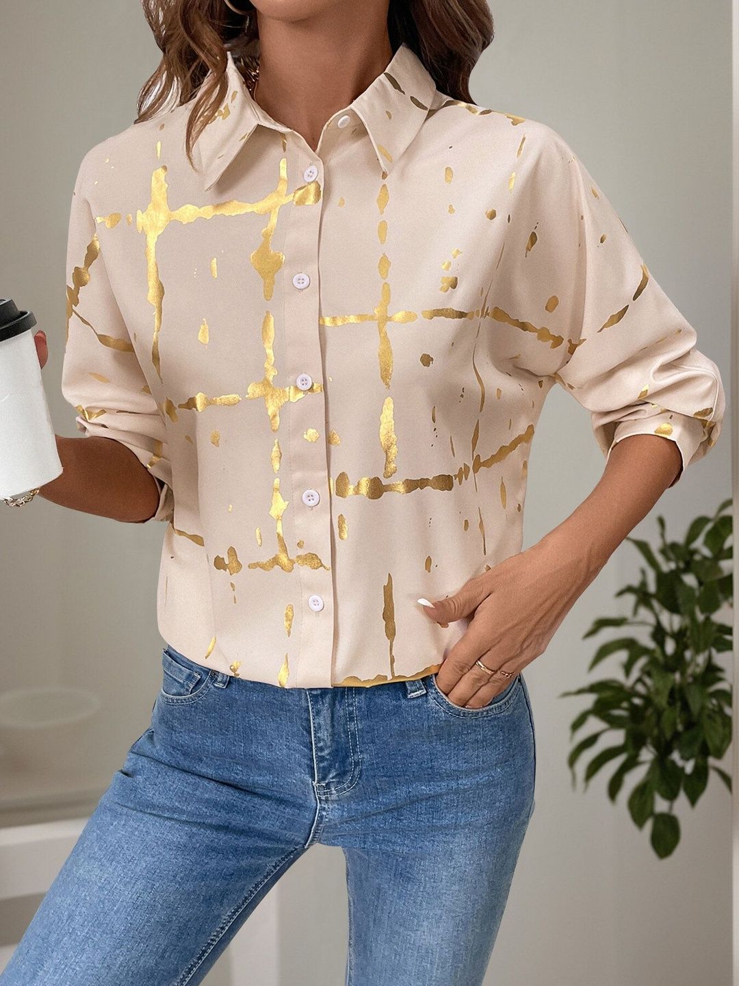 Printed Casual Shirt in Beige Cotton - Nowi Korean Fashion