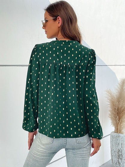 Women's Green Geometric Print Puff Sleeve Top