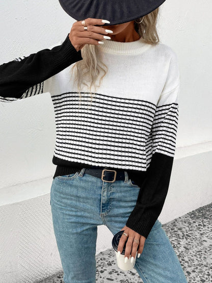 Striped Colourblocked Pullover in White - Nowi Korean Fashion