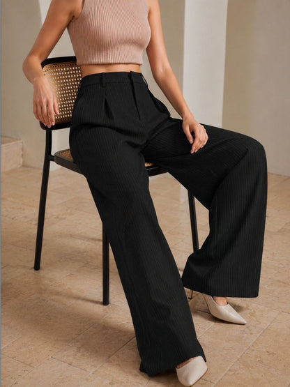 Women Striped Relaxed High-Rise Pleated Trousers