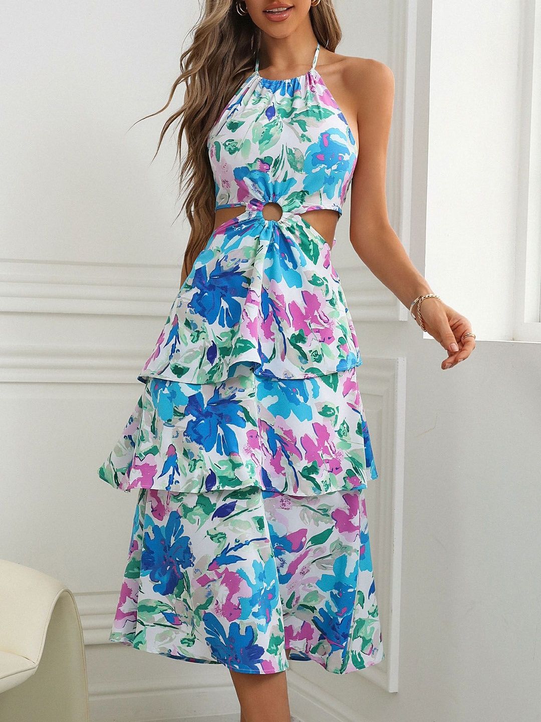 Floral Print Halter Neck Fit & Flare Midi Dress